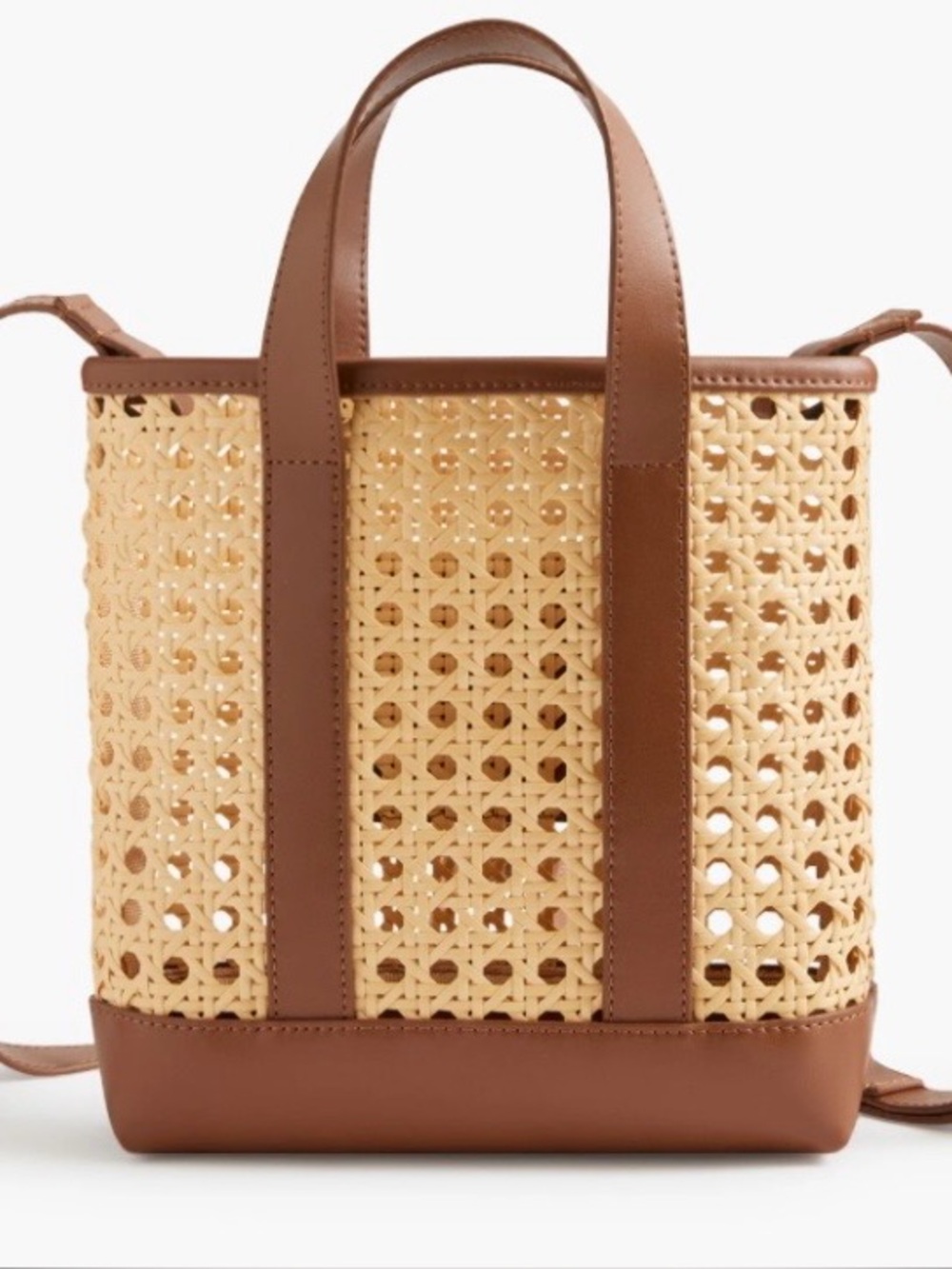 J Crew Woven Rattan Tote with Brown Leather Trim NWT